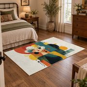 Colorful vintage geometric family portrait area rug displayed beside a cozy bed