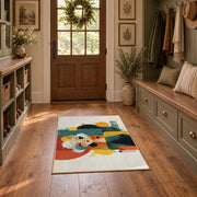 Colorful vintage geometric family portrait area rug displayed in a refined hallway