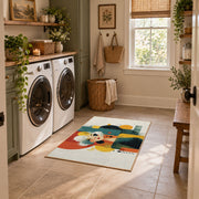 Colorful vintage geometric family portrait area rug placed in a modern laundry room