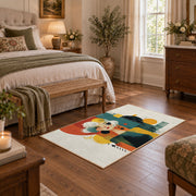 Colorful vintage geometric family portrait area rug styled in a restful bedroom