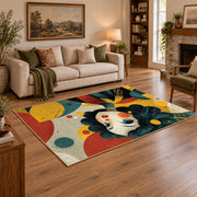 Colorful vintage geometric floral portrait area rug styled in a warm living room