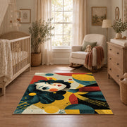 Colorful vintage geometric floral portrait area rug shown in a calm nursery