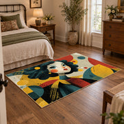Colorful vintage geometric floral portrait area rug displayed beside a cozy bed