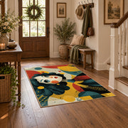 Colorful vintage geometric floral portrait area rug styled in a welcoming entryway