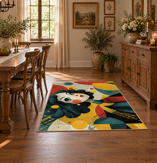 Colorful vintage geometric floral portrait area rug shown in a bright dining space