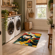 Colorful vintage geometric floral portrait area rug placed in a modern laundry room
