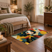 Colorful vintage geometric floral portrait area rug styled in a restful bedroom