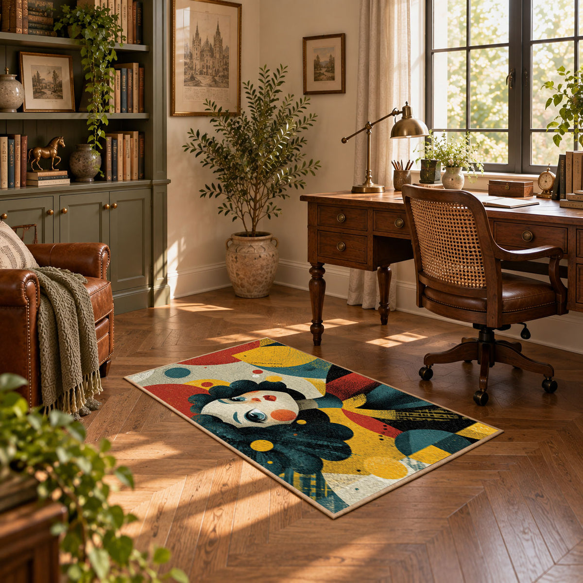 Colorful vintage geometric floral portrait area rug displayed in a sunlit home office