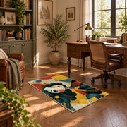 Colorful vintage geometric floral portrait area rug displayed in a sunlit home office