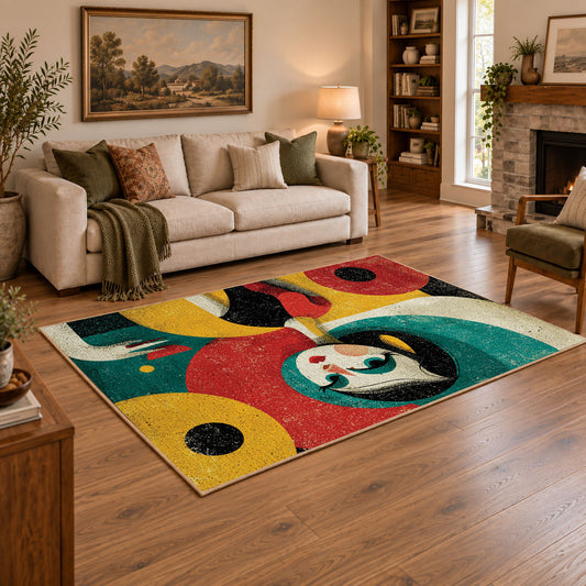 Colorful vintage geometric woman profile area rug styled in a warm living room