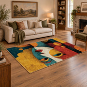 Colorful vintage geometric child portrait area rug styled in a warm living room
