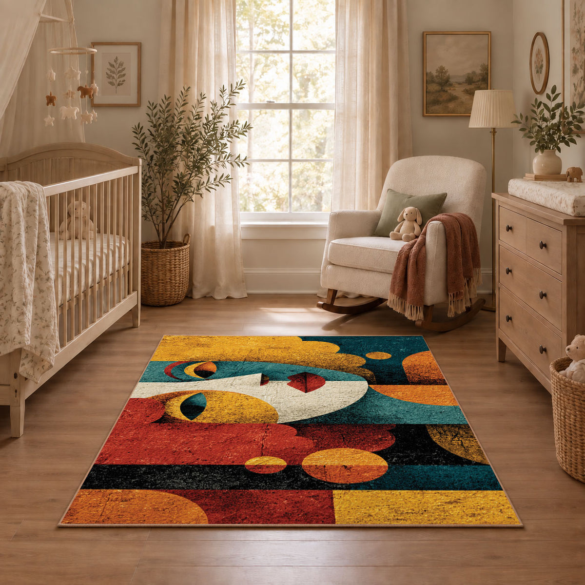 Colorful vintage geometric child portrait area rug shown in a calm nursery