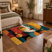 Colorful vintage geometric child portrait area rug displayed beside a cozy bed