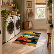 Colorful vintage geometric child portrait area rug placed in a modern laundry room