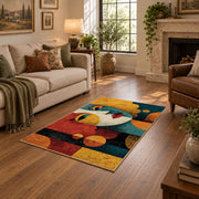 Colorful vintage geometric child portrait area rug shown beside a comfortable sofa
