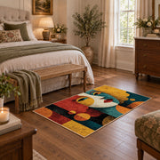 Colorful vintage geometric child portrait area rug styled in a restful bedroom