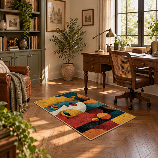 Colorful vintage geometric child portrait area rug displayed in a sunlit home office