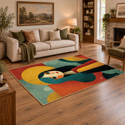 Colorful vintage geometric woman silhouette area rug styled in a warm living room