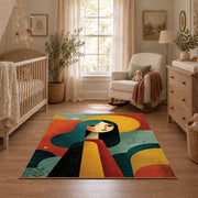 Colorful vintage geometric woman silhouette area rug shown in a calm nursery