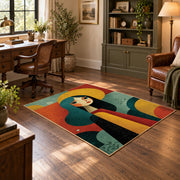 Colorful vintage geometric woman silhouette area rug angled view in a classic bedroom