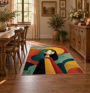 Colorful vintage geometric woman silhouette area rug shown in a bright dining space