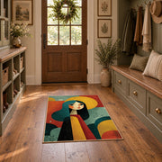 Colorful vintage geometric woman silhouette area rug displayed in a refined hallway