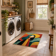 Colorful vintage geometric woman silhouette area rug placed in a modern laundry room