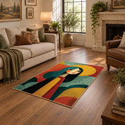 Colorful vintage geometric woman silhouette area rug shown beside a comfortable sofa