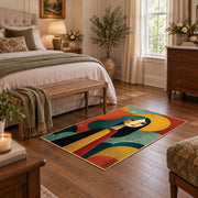 Colorful vintage geometric woman silhouette area rug styled in a restful bedroom