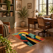 Colorful vintage geometric woman silhouette area rug displayed in a sunlit home office