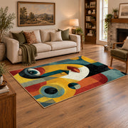 Colorful vintage geometric couple portrait area rug styled in a warm living room