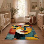 Colorful vintage geometric couple portrait area rug shown in a calm nursery