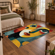 Colorful vintage geometric couple portrait area rug displayed beside a cozy bed