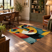Colorful vintage geometric couple portrait area rug angled view in a classic bedroom