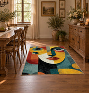 Colorful vintage geometric couple portrait area rug shown in a bright dining space