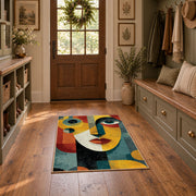 Colorful vintage geometric couple portrait area rug displayed in a refined hallway