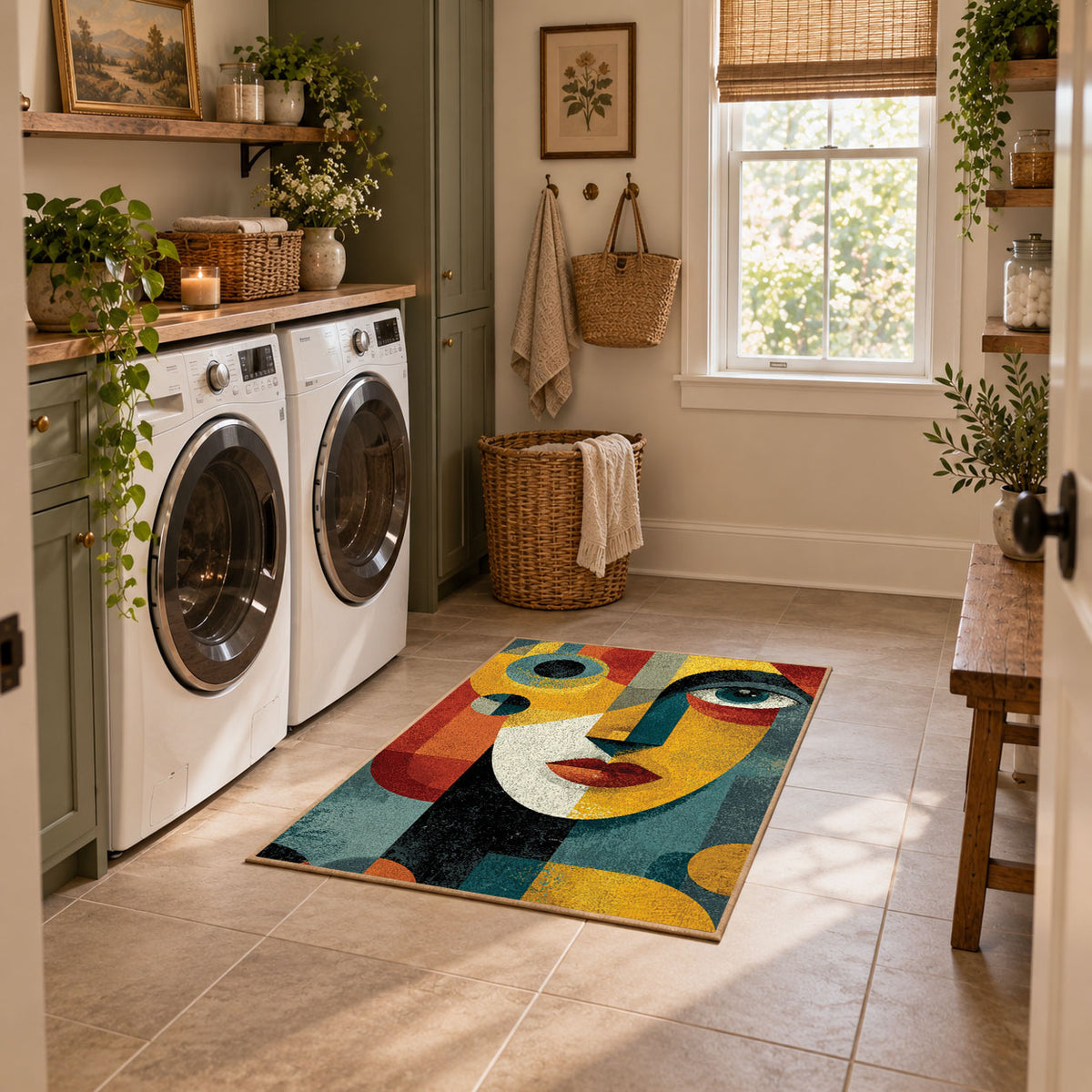 Colorful vintage geometric couple portrait area rug placed in a modern laundry room