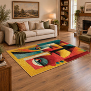 Colorful vintage geometric twin faces area rug styled in a warm living room