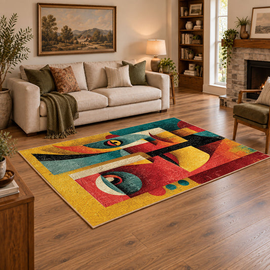 Colorful vintage geometric twin faces area rug styled in a warm living room