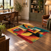 Colorful vintage geometric twin faces area rug angled view in a classic bedroom