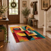 Colorful vintage geometric twin faces area rug styled in a welcoming entryway