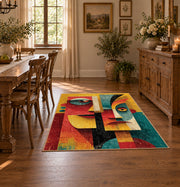 Colorful vintage geometric twin faces area rug shown in a bright dining space