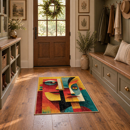 Colorful vintage geometric twin faces area rug displayed in a refined hallway