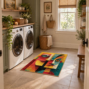 Colorful vintage geometric twin faces area rug placed in a modern laundry room