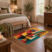 Colorful vintage geometric twin faces area rug styled in a restful bedroom