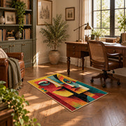 Colorful vintage geometric twin faces area rug displayed in a sunlit home office