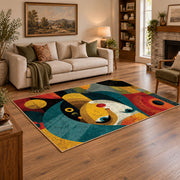 Colorful vintage geometric child portrait area rug styled in a warm living room