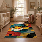 Colorful vintage geometric child portrait area rug shown in a calm nursery