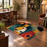 Colorful vintage geometric child portrait area rug angled view in a classic bedroom