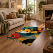 Colorful vintage geometric child portrait area rug shown beside a comfortable sofa